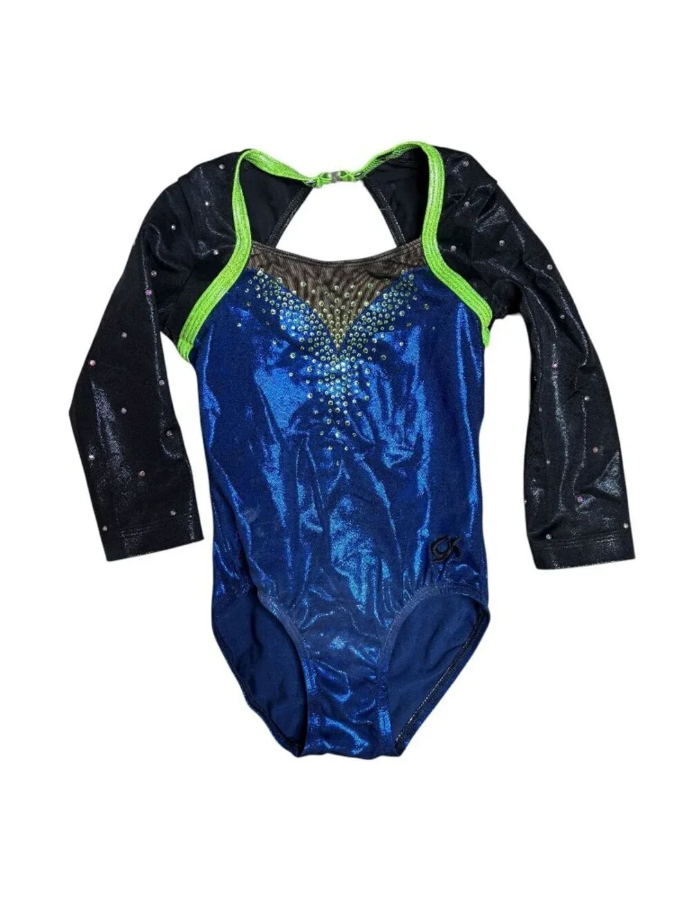 GK Competition Leotard Size SM Child Medium Blue Black Lime Green 3/4 Sleeve